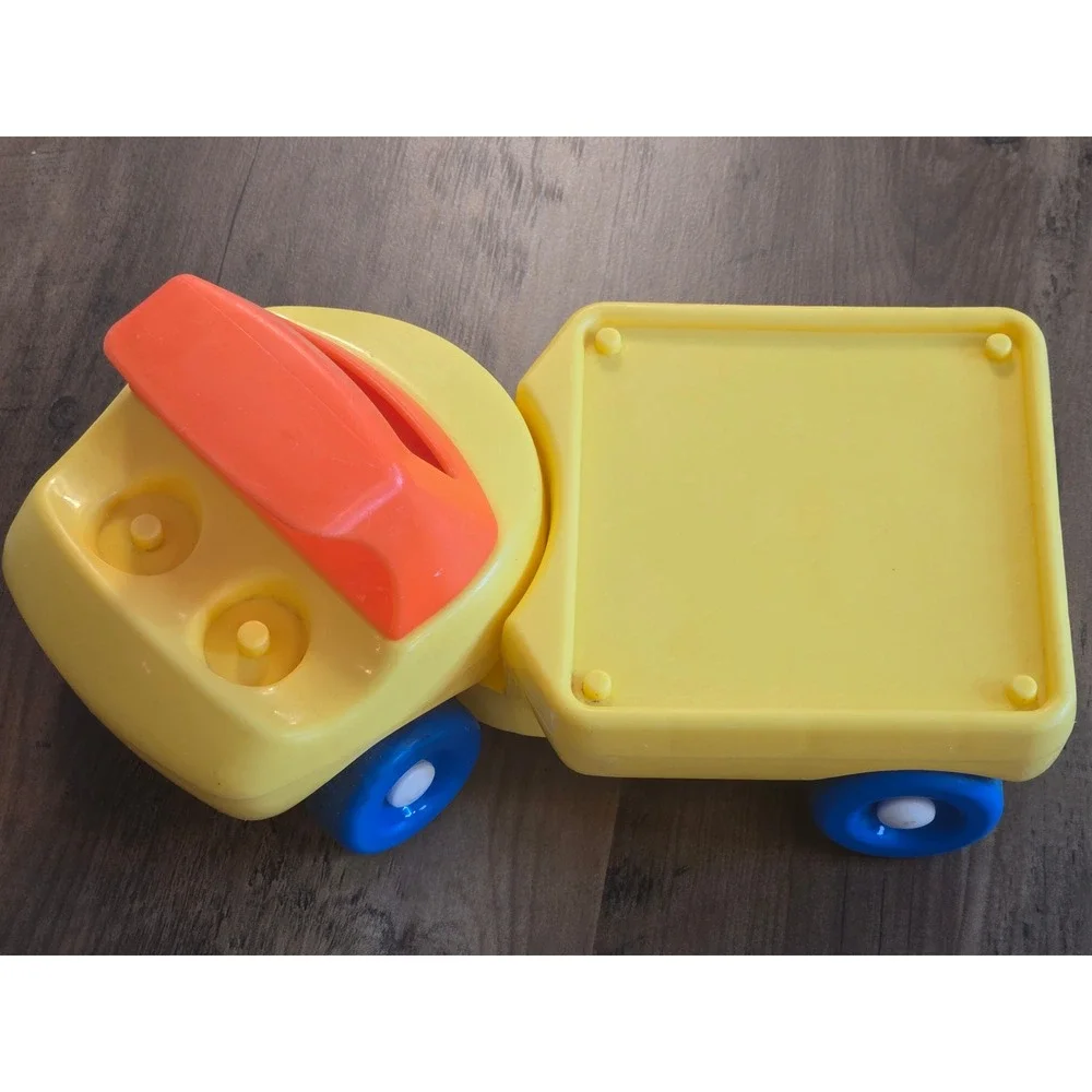 Vintage 1985 Little Tikes Yellow Flatbed Truck Blue Wheels Orange Handle Toy